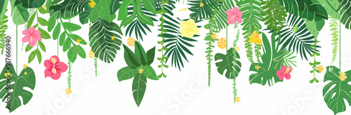 A vibrant illustration of tropical foliage with vibrant pink and yellow flowers hanging from a white background