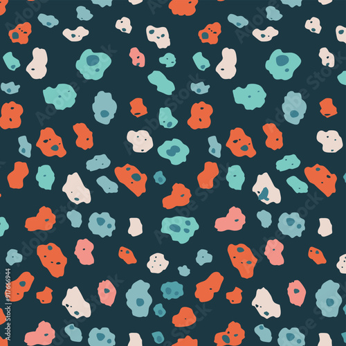 Seamless Pattern with Irregular Shapes in Pastel Colors The pattern features a dark blue background with scattered abstract shapes in coral turquoise pink and cream The shapes are irregular in size an