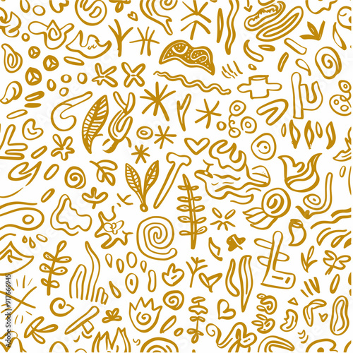 Seamless pattern of hand-drawn golden doodle elements on white background Abstract modern minimalist design Perfect for textile wallpaper or wrapping paper
