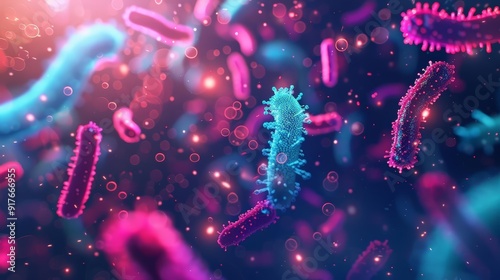 Microbes and pollutants forming a biofilm, with glowing holographic lines connecting each element, bright neon, sci-fi, detailed vector art. photo