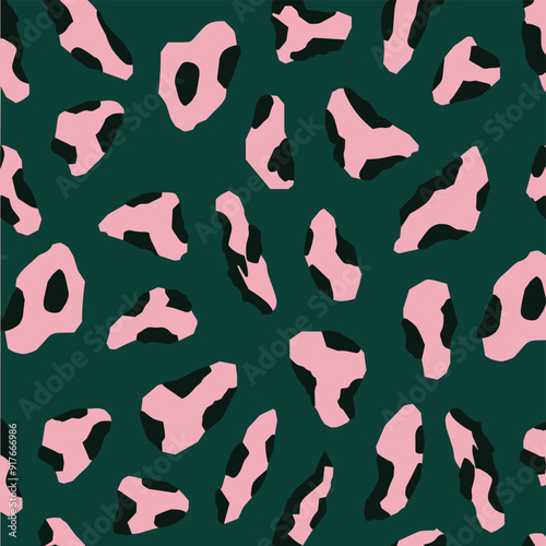 Abstract pink and black leopard print seamless pattern on a green background This bold and playful pattern is perfect for adding a touch of animalistic style to any design