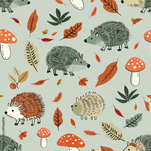 Seamless pattern with hedgehogs mushrooms and leaves in autumn colors
