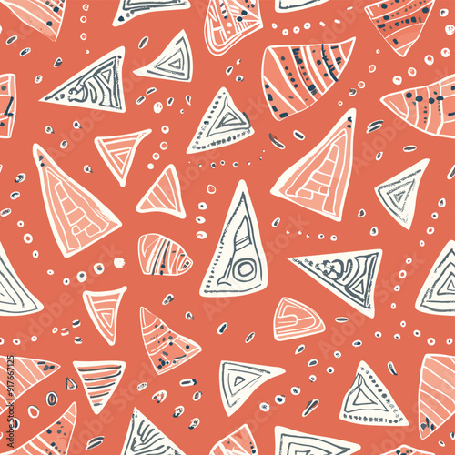 A seamless pattern featuring various sizes of triangles with geometric patterns on a solid orange background The triangles are in shades of white peach and grey