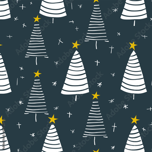 Seamless pattern with hand drawn Christmas trees and stars A festive design for wrapping paper greeting cards and holiday decorations