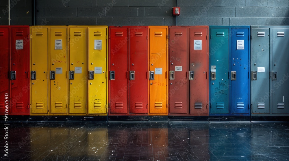A row of colorful lockers lined up in a school corridor. A row of colorful lockers lined up in a school corridor.