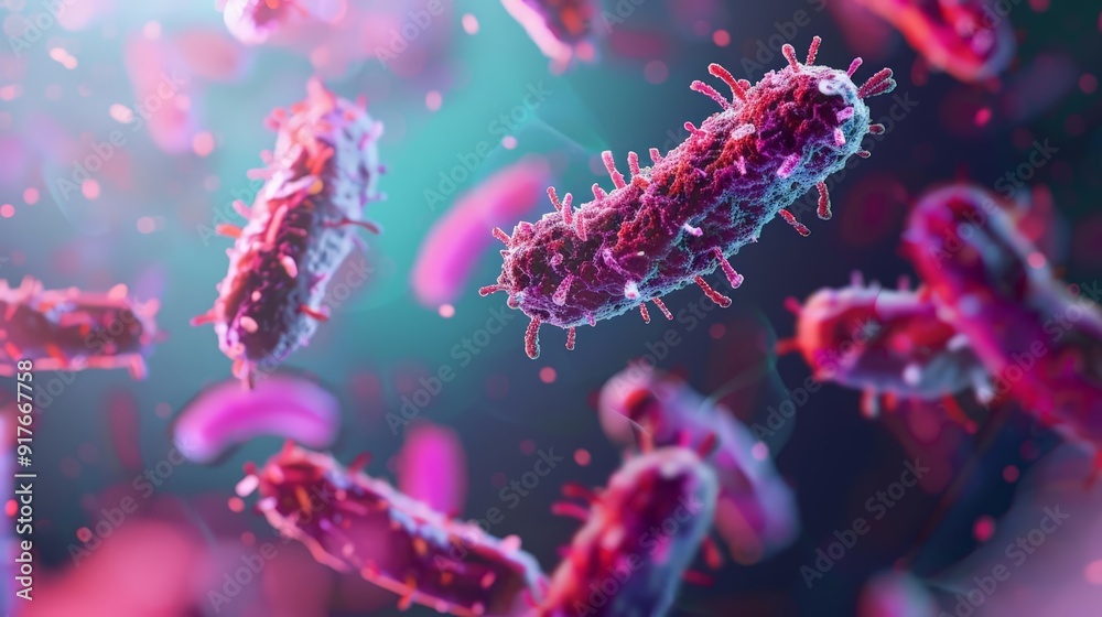 Microscopic view of microbes under UV light in a polluted environment, with glowing details, vibrant colors, photorealistic, high detail.