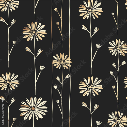 A seamless pattern featuring elegant golden daisy flowers on a black background perfect for adding a touch of sophistication to any design project