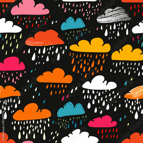 A cheerful seamless pattern of colorful clouds raining down on a black background Each cloud is filled with a bright color and has white rain drops falling from it The clouds are drawn in a playful ca