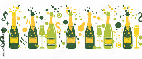 A festive illustration of six champagne bottles with celebratory confetti and a glass of bubbly The bottles are green and yellow with golden labels representing a joyous occasion and celebration