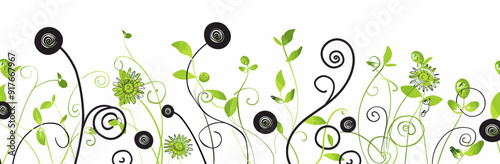 Abstract Floral Design with Green Leaves and Black Swirls on a White Background