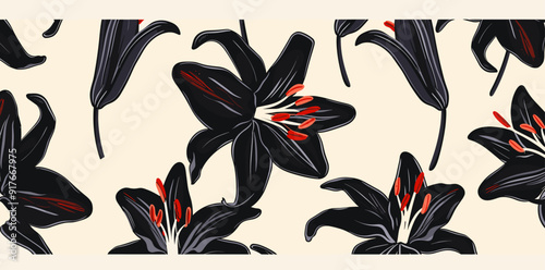 A seamless pattern featuring black lilies with red centers on a cream background The lilies are stylized with a graphic bold design giving a striking visual impact