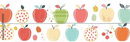 Colorful patterned apples in two rows with leaves and small fruits on a white background