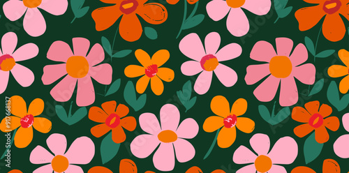 Seamless pattern with bright pink and orange flowers on a dark green background This cheerful and vibrant design is perfect for adding a touch of floral fun to any project