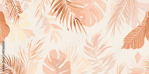 A delicate pattern of pale pink and bronze tropical leaves a minimalist and stylish design with a vintage feel