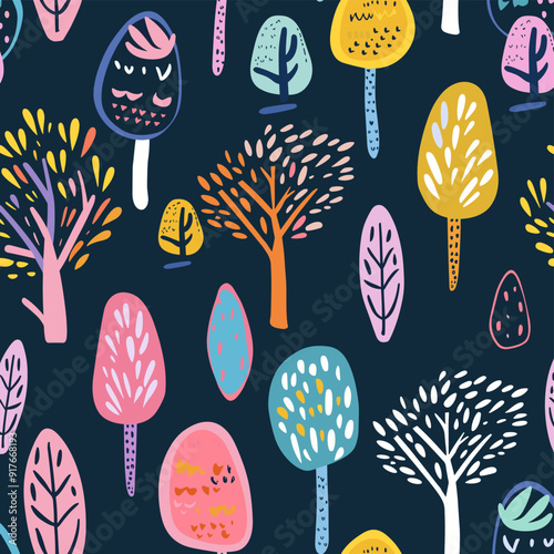 Colorful hand-drawn trees on a dark background forming a cheerful and vibrant seamless pattern Perfect for fabric wallpaper or any creative project