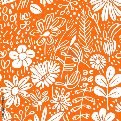 Seamless pattern with white floral motifs on an orange background featuring a variety of flowers leaves and abstract shapes Perfect for textile prints wallpaper and packaging