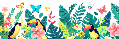 Vibrant tropical illustration featuring two toucans perched among lush green leaves vibrant flowers and colorful butterflies capturing the essence of a tropical paradise
