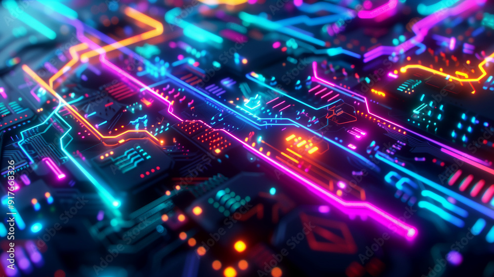 Obraz premium technology background with neon-colored technological elements like glowing wires, data streams, and futuristic symbols, futuristic tech wallpaper 