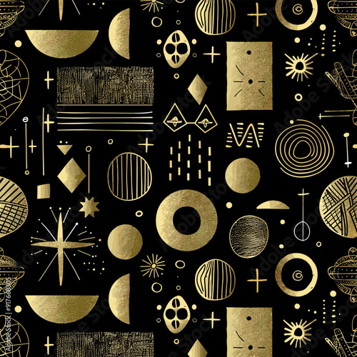 Seamless pattern with gold geometric shapes and textures on black background This pattern features abstract shapes lines and textures in a minimalist style perfect for modern design projects