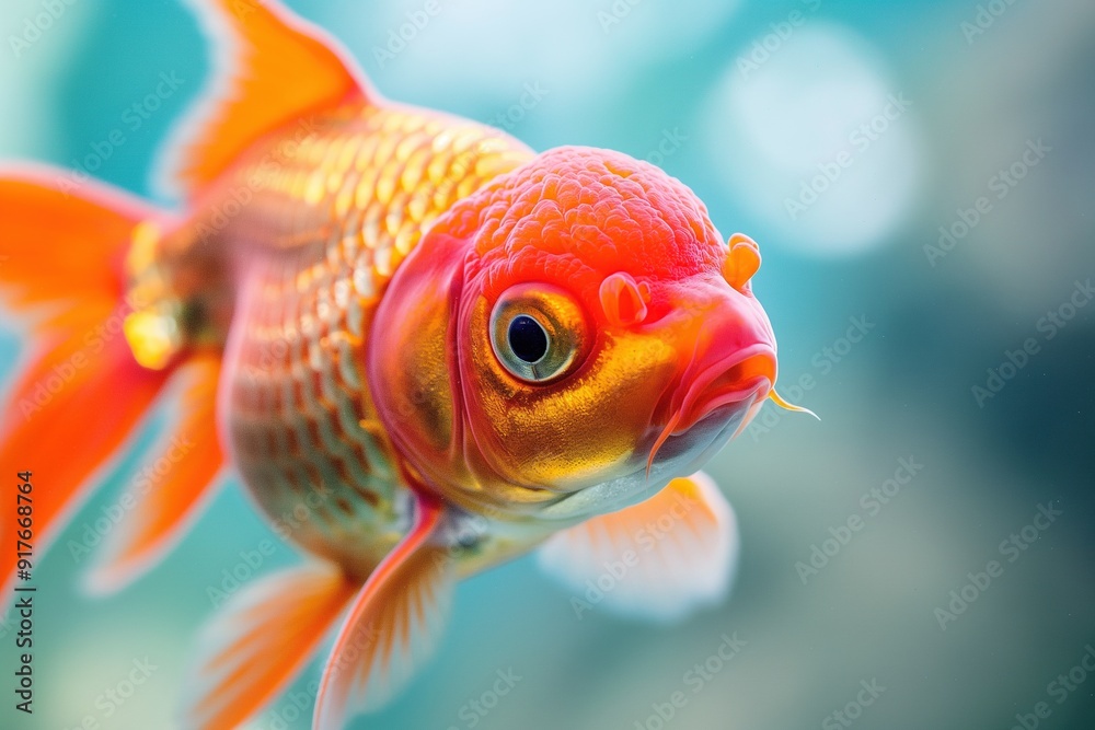 Close-up of a bright orange goldfish with a large eye, swimming in clear water. Close-up of a bright orange goldfish with a large eye, swimming in clear water.