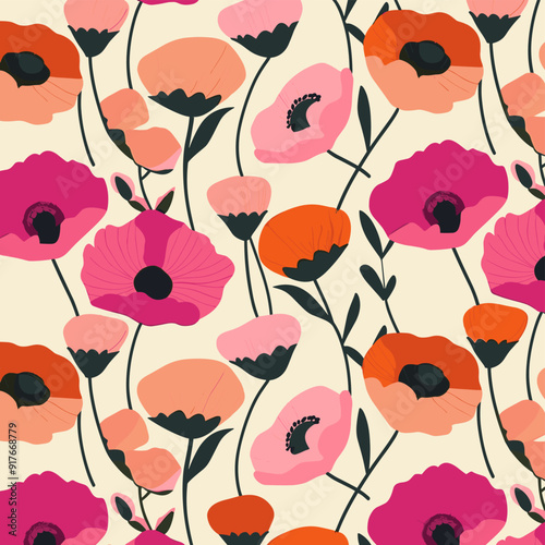 A vibrant seamless pattern featuring stylized poppy flowers in various shades of pink orange and red on a cream background The design is perfect for textiles wallpaper or any creative project