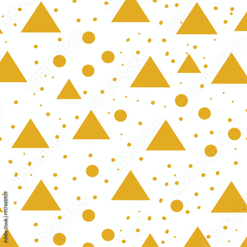 Seamless pattern with golden triangles and circles on white background This repeating design is perfect for adding a touch of elegance to various projects