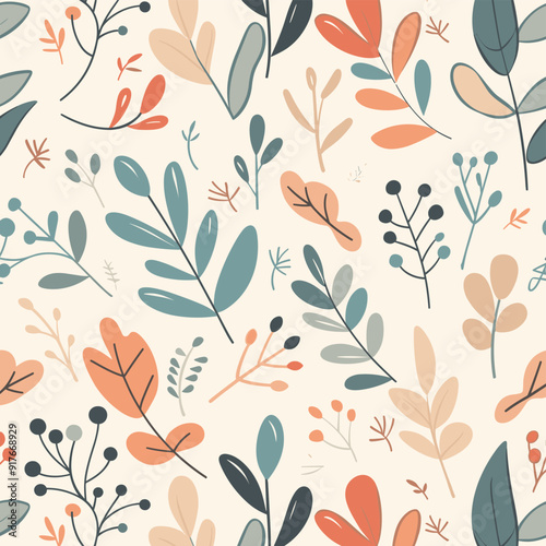 Seamless pattern with hand-drawn leaves and branches in warm colors for design and decoration