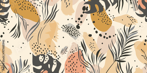 Abstract pattern featuring organic shapes leaves and dots in a muted color palette