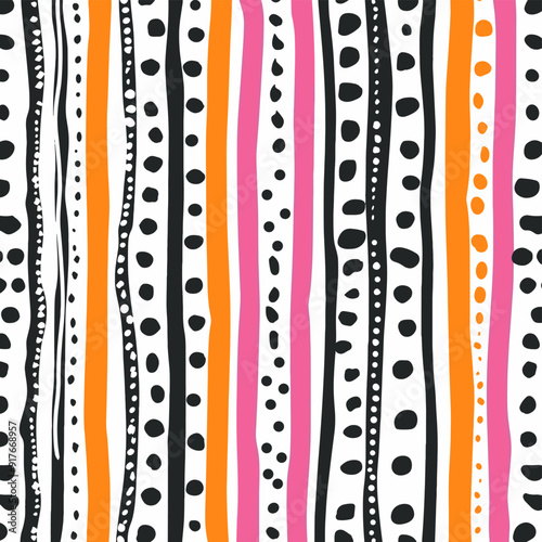 Abstract seamless pattern with vertical stripes dots and lines in black white orange and pink