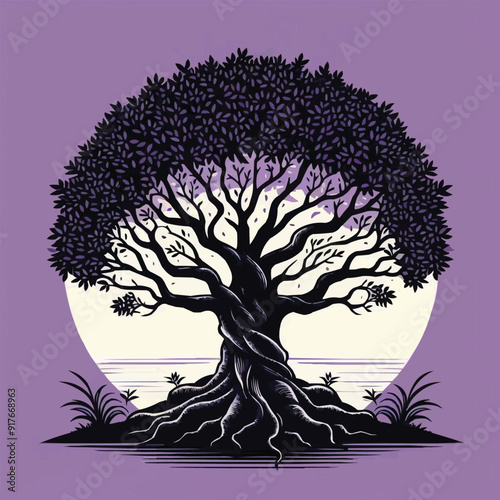 Free vector Black Banyan tree with purple background
