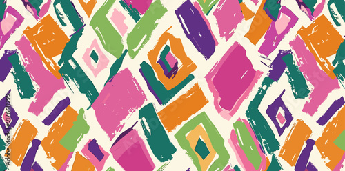 Abstract colorful geometric pattern with brushstrokes in green pink orange purple and white