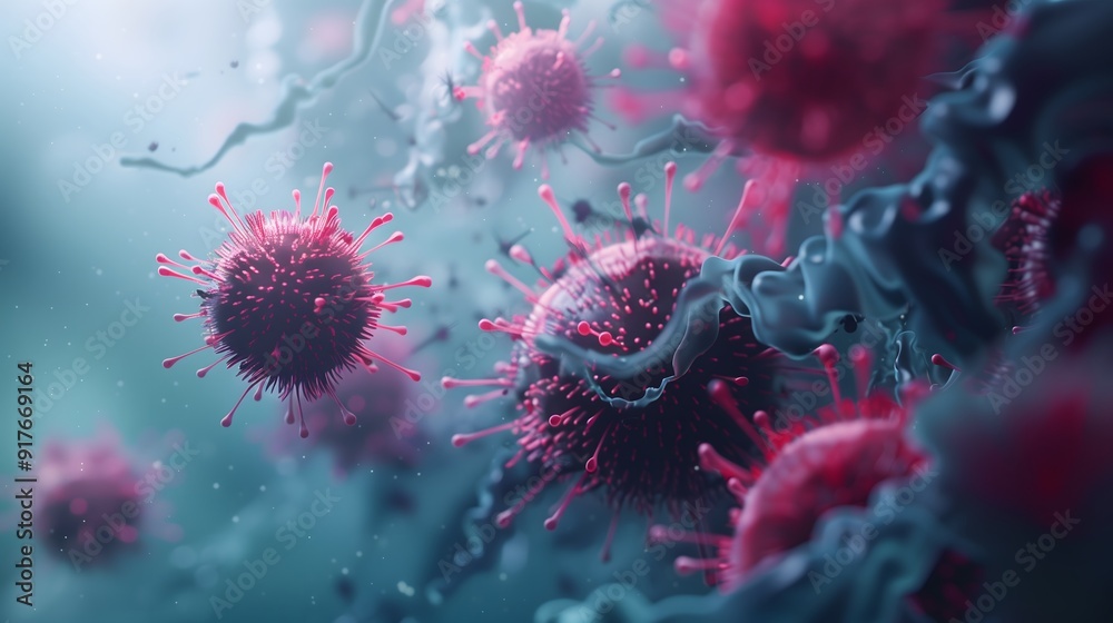 A close up of corona cell and the virus is surrounded by other viruses. A close up of corona cell and the virus is surrounded by other viruses.