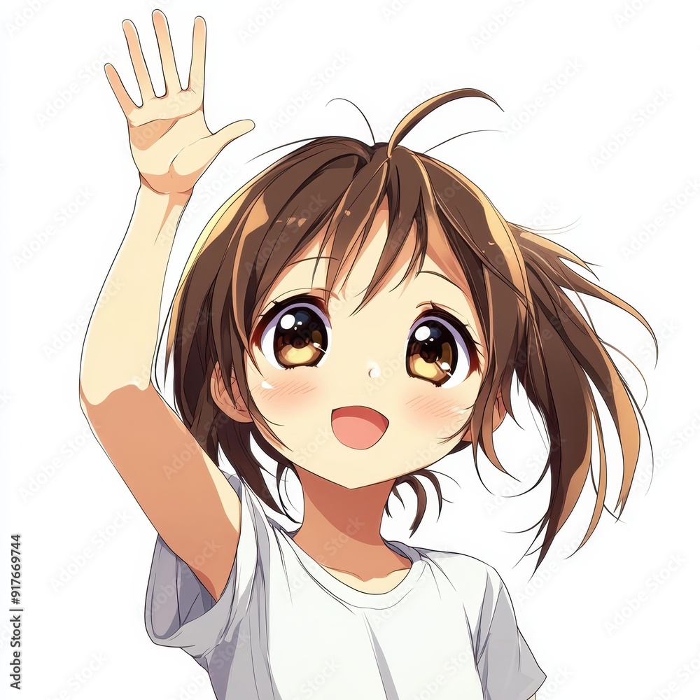Obraz premium A cute anime girl with big brown eyes and hair raises her hand, dressed in a white shirt, isolated on a clean white background.