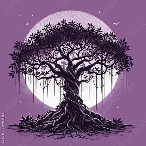 Free vector Black Banyan tree with purple background