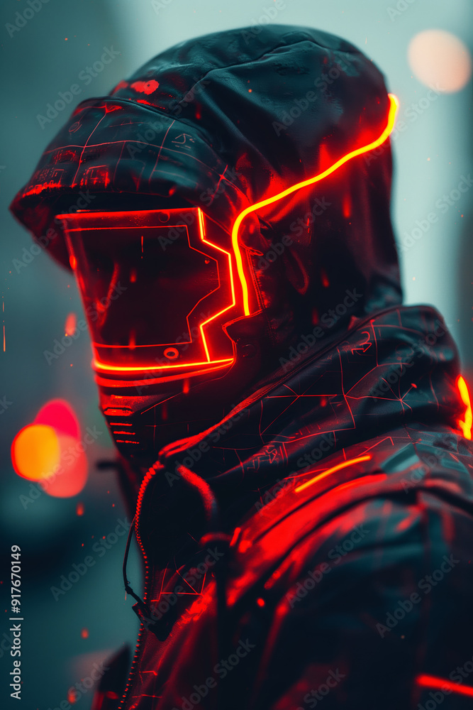 Futuristic Neon Hooded Figure in Urban Environment at Night Futuristic Neon Hooded Figure in Urban Environment at Night
