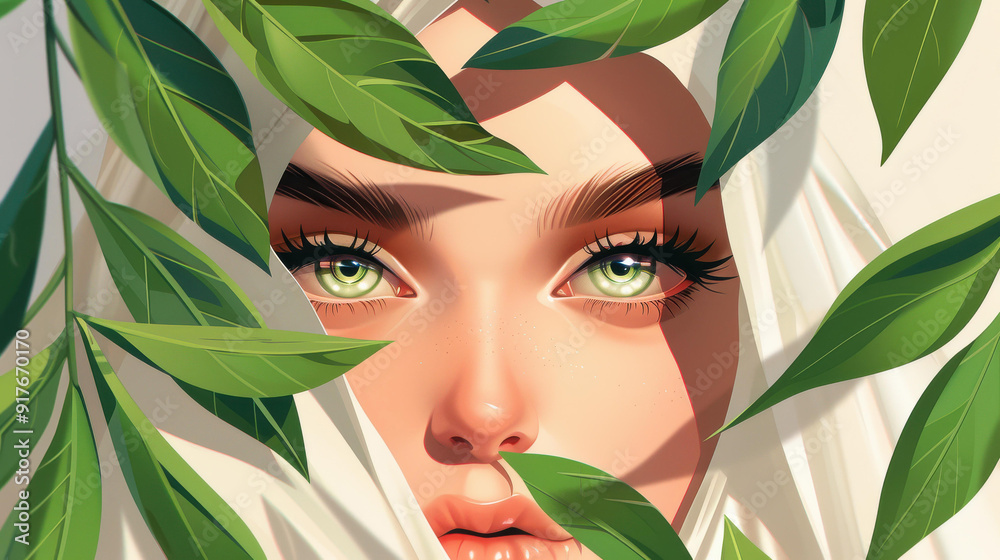 A vibrant illustration showcasing an expressive face hidden behind lush green leaves, blending nature and art. A vibrant illustration showcasing an expressive face hidden behind lush green leaves, blending nature and art.