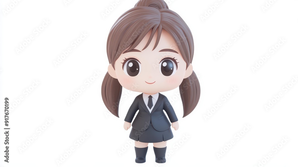 Chibistyle 3D render of a Korean carrier woman in a suit and classic boots, showcasing minimalistic and soft sculpture aesthetics. Chibistyle 3D render of a Korean carrier woman in a suit and classic boots, showcasing minimalistic and soft sculpture aesthetics.