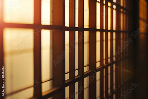 Wallpaper Mural Warm Sunlight Filtering Through Wooden Window Grills in Golden Hour Torontodigital.ca