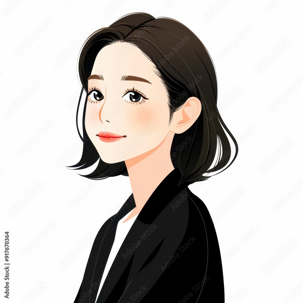 A cheerful Japanese woman smiles in a flat, cute style surrounded by pastel colors, capturing a fun meeting atmosphere. A cheerful Japanese woman smiles in a flat, cute style surrounded by pastel colors, capturing a fun meeting atmosphere.