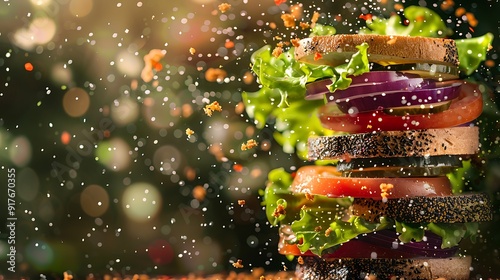 Sandwich ingredients expanding in the air highly saturated background speckly colors well captured food photo