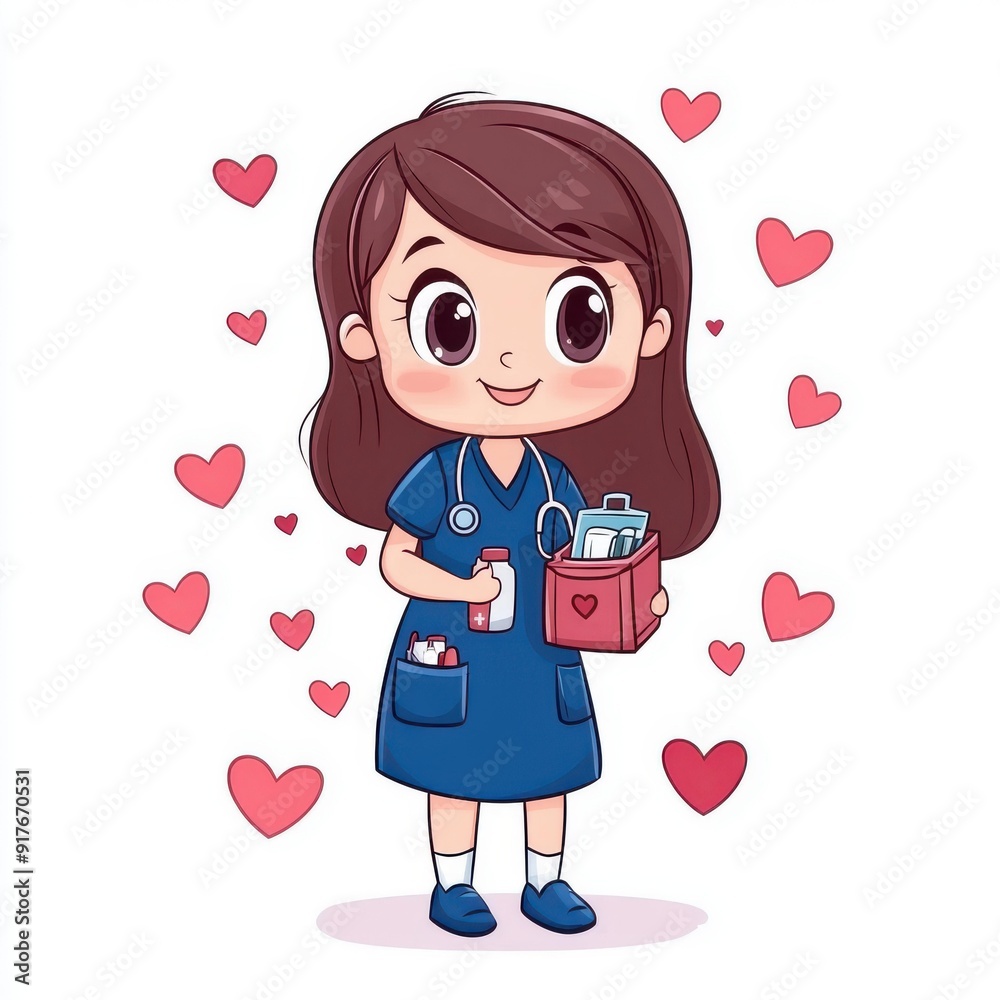 A charming cartoon nurse in a blue outfit, holding a first aid kit, with little hearts floating around her. A charming cartoon nurse in a blue outfit, holding a first aid kit, with little hearts floating around her.