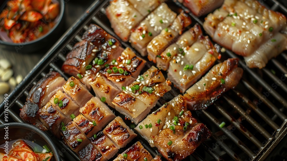 Grilled Samgyeopsal Pork Belly with Garlic, Kimchi, and Dipping Sauces