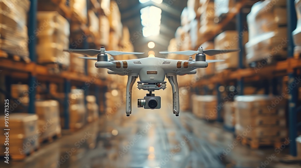 A drone flying in a warehouse, a modern example of automation technology in logistics. A drone flying in a warehouse, a modern example of automation technology in logistics.
