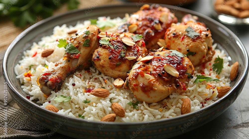 Hearty Plate of Chicken Mandi with Fragrant Rice and Almonds Hearty Plate of Chicken Mandi with Fragrant Rice and Almonds