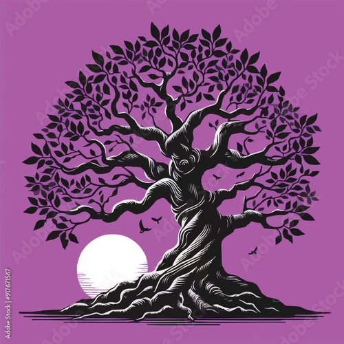 Free vector Black Banyan tree with purple background