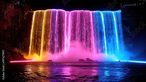 Stunning Nighttime Waterfall Illuminated with Vibrant Rainbow Colors Creating a Breathtaking and Magical View