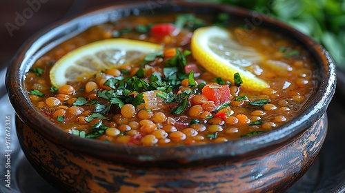 Hot Bowl of Shorbat Adas Lentil Soup with Lemon photo