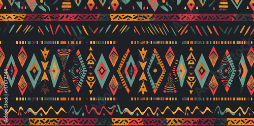 Vibrant tribal pattern with geometric shapes and textured lines in an abstract style perfect for textiles fashion and interior design