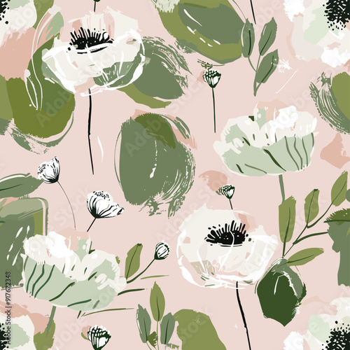 Seamless pattern with white flowers and green leaves on a soft pink background This design is perfect for fabric wallpaper and home decor