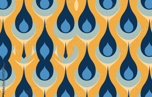 Retro-inspired seamless pattern with teardrop shapes in shades of blue yellow and gray